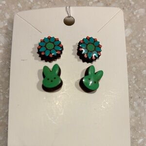 Green Bunny and Flower Kids Earrings